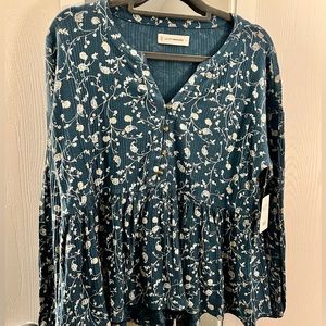 Lucky Brand Open Neck Smocked Floral Shirt